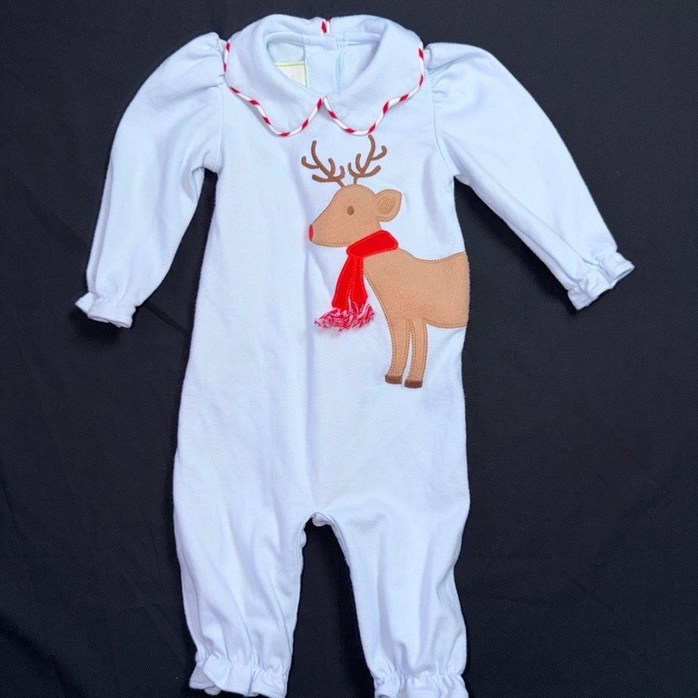 Zuccini Kids Baby Reindeer Applique Romper Blue Holiday 6M Peter Pan Collar